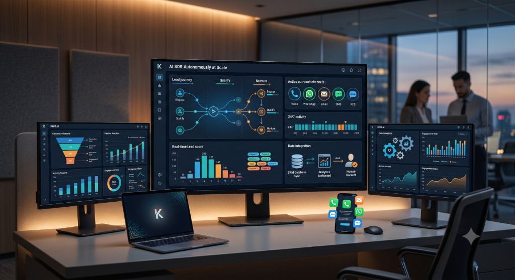 AI SDR platform dashboard with lead journey, outreach channels, and real-time analytics