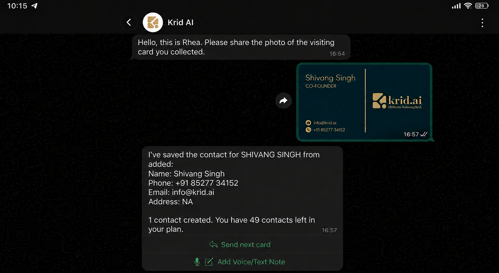 WhatsApp business card scan with instant contact extraction