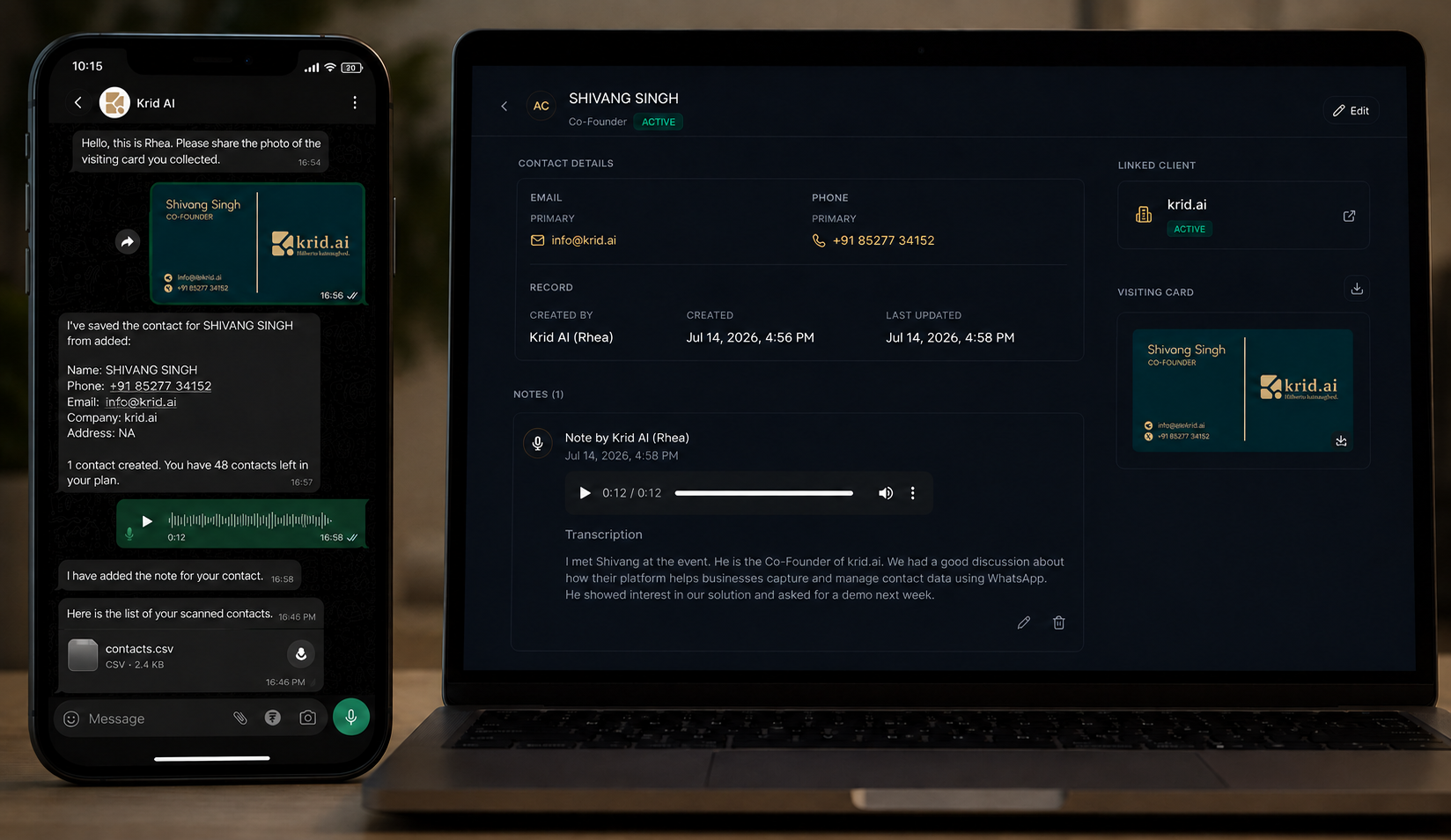 Voice and text note attached to an expo lead in WhatsApp