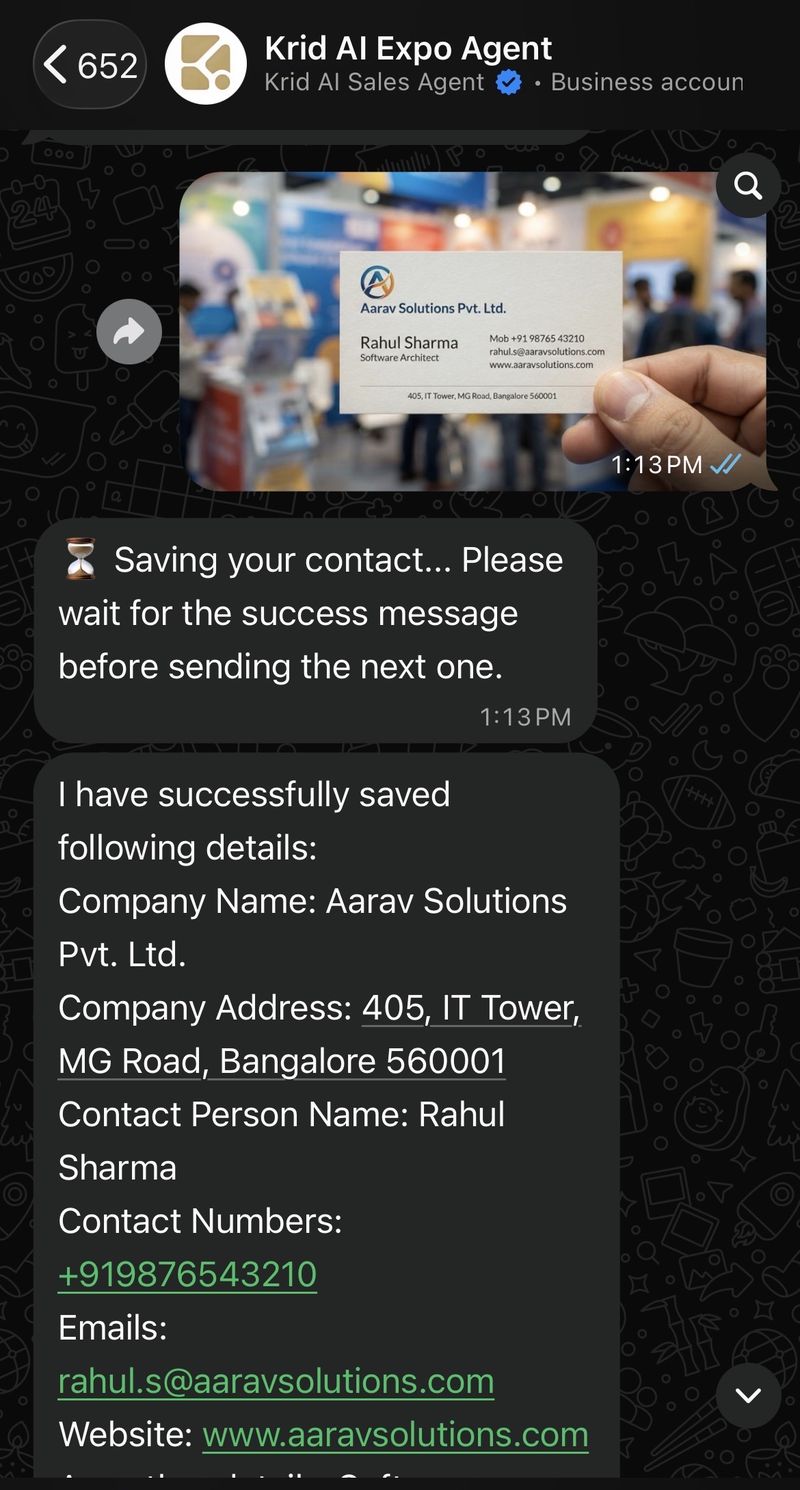 Visiting card scanner in WhatsApp: a photo of a business card is sent to krid.ai Expo Agent and the saved contact comes back — company, address, name, phone, email and website