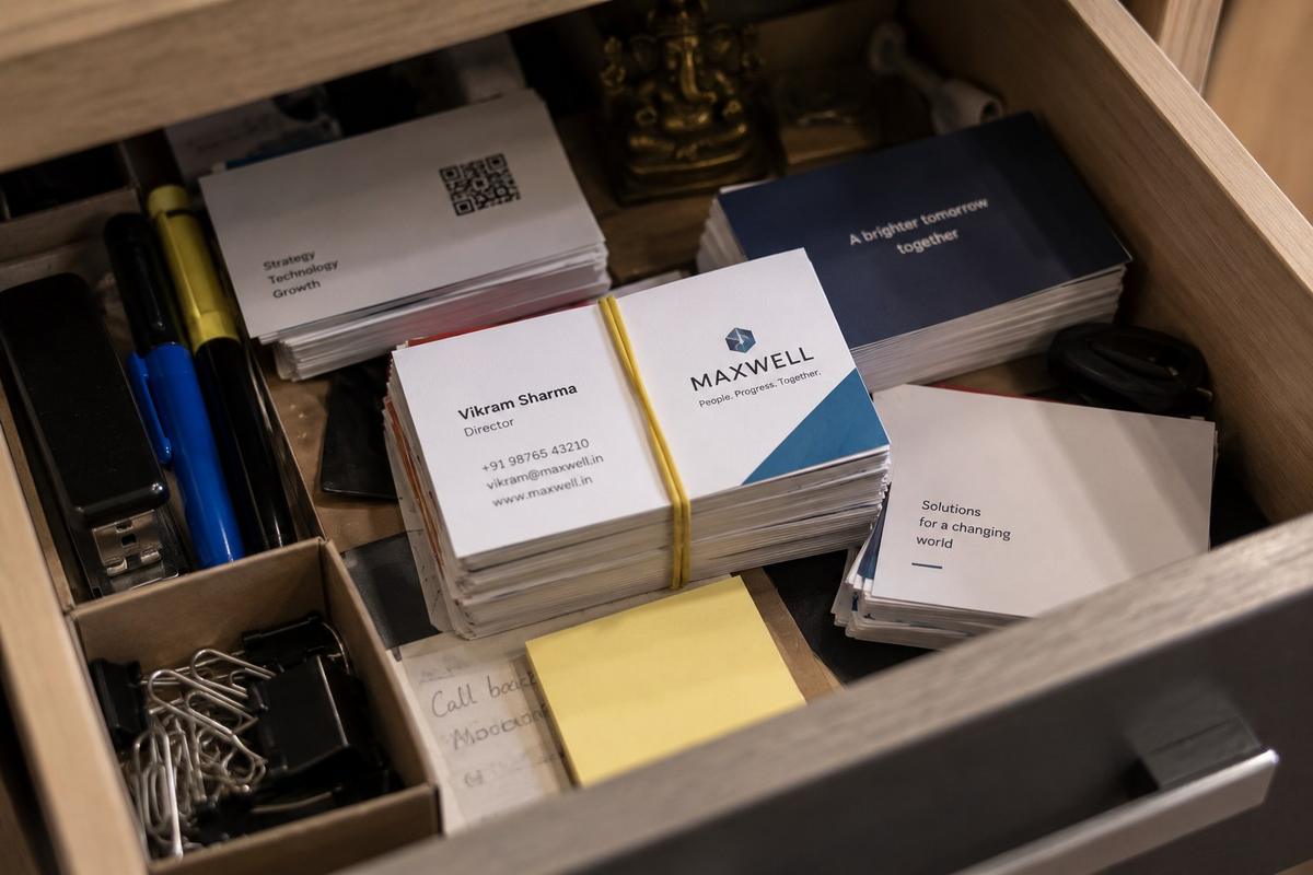 Banded stacks of visiting cards filed away in a desk drawer