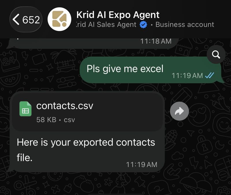 Visiting cards to Excel: 'give me excel' in WhatsApp and krid.ai Expo Agent sends the exported contacts file, ready for Google Contacts