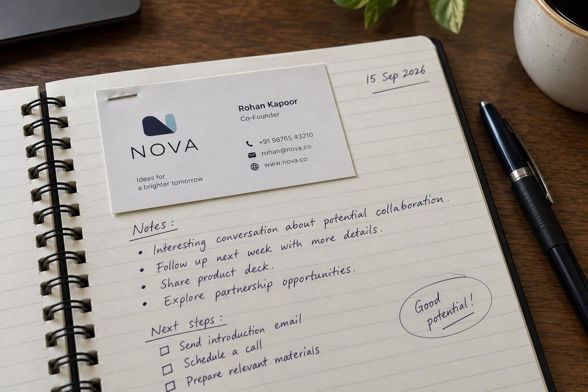 A visiting card stapled into a notebook beside handwritten notes and unticked follow-up checkboxes