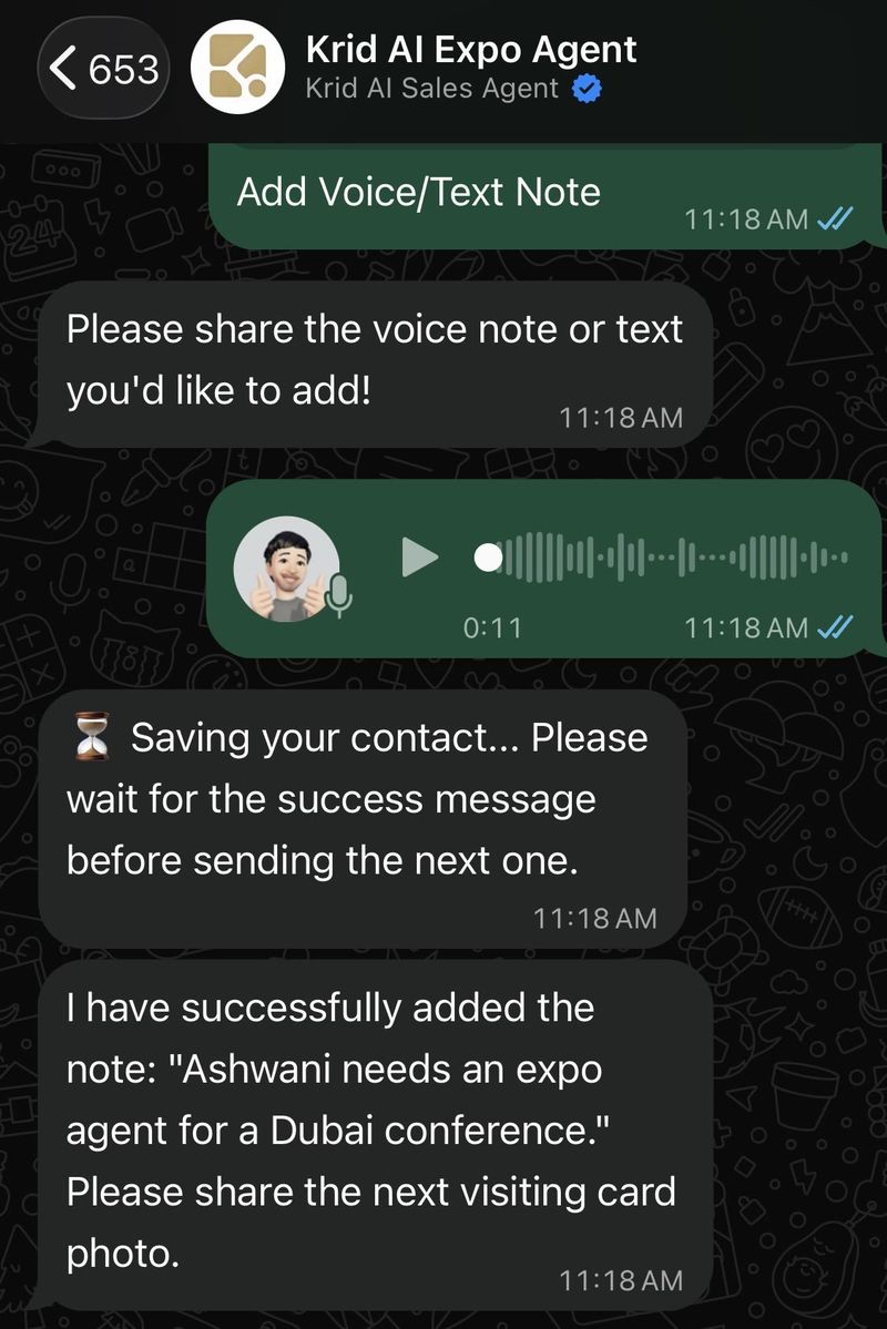 Exhibition lead notes in WhatsApp: a voice note sent to krid.ai Expo Agent and the confirmation that it was saved on the visitor's contact