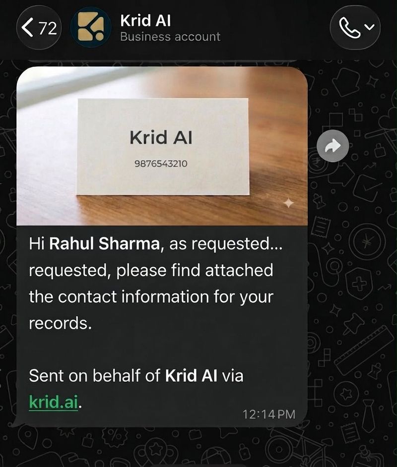 Automatic trade show follow-up on WhatsApp: the visitor receives the exhibitor's contact card and company details