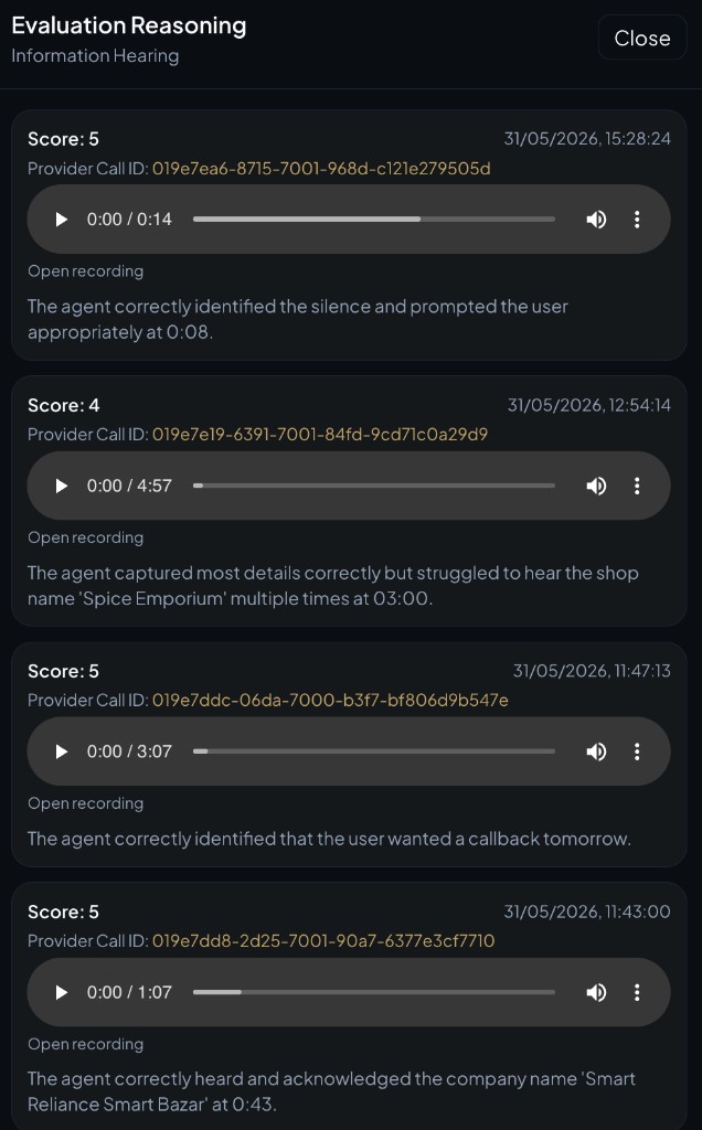 AI evaluation reasoning with call scores and feedback