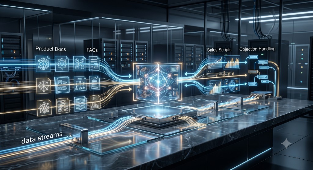 Custom AI training from product docs, FAQs, sales scripts, and objection handling