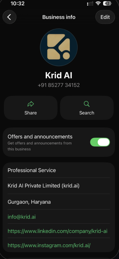 Krid AI WhatsApp Business Profile