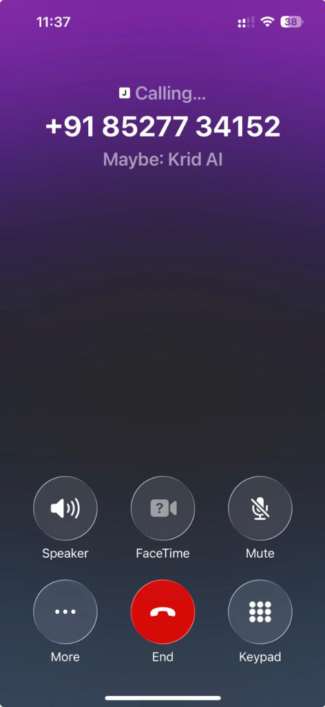 Krid AI Inbound Phone Call Screen (+91 85277 34152)