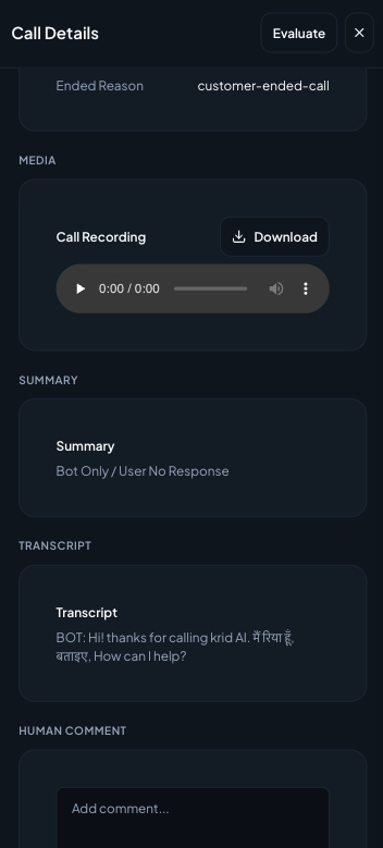 Krid AI Call Details Modal & Recording