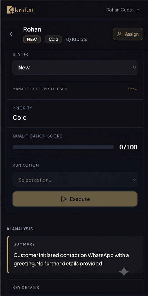 Krid AI Lead Management Dashboard