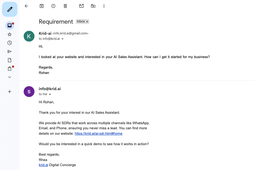 Gmail enquiry reply from Krid AI