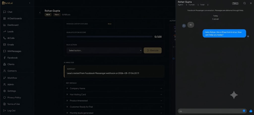 Krid AI Desktop CRM Lead View